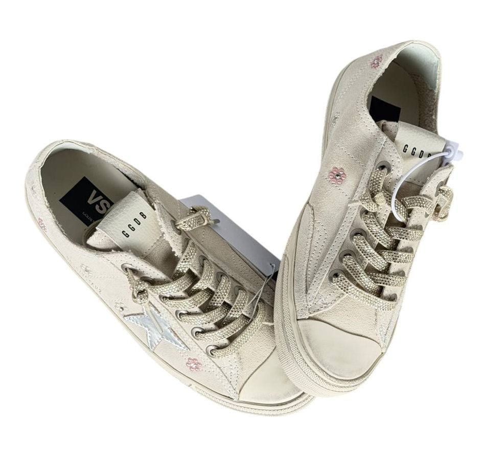 Golden Goose V-Star in Beige Suede with Silver Star