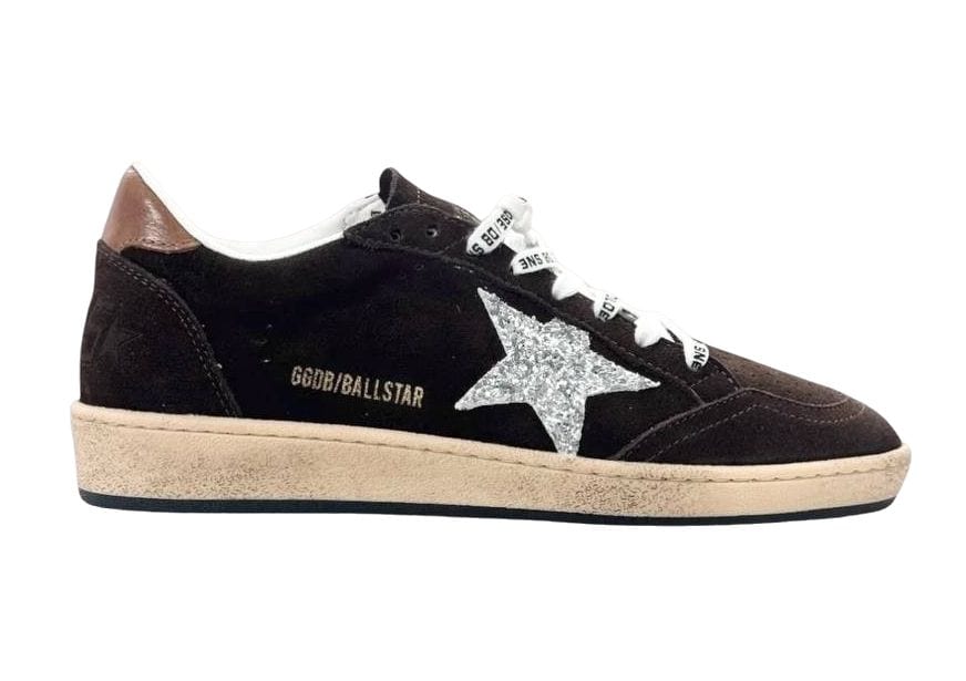 Golden Goose Ball Star Brown Suede with Silver Glitter Star