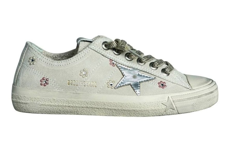 Golden Goose V-Star in Beige Suede with Silver Star
