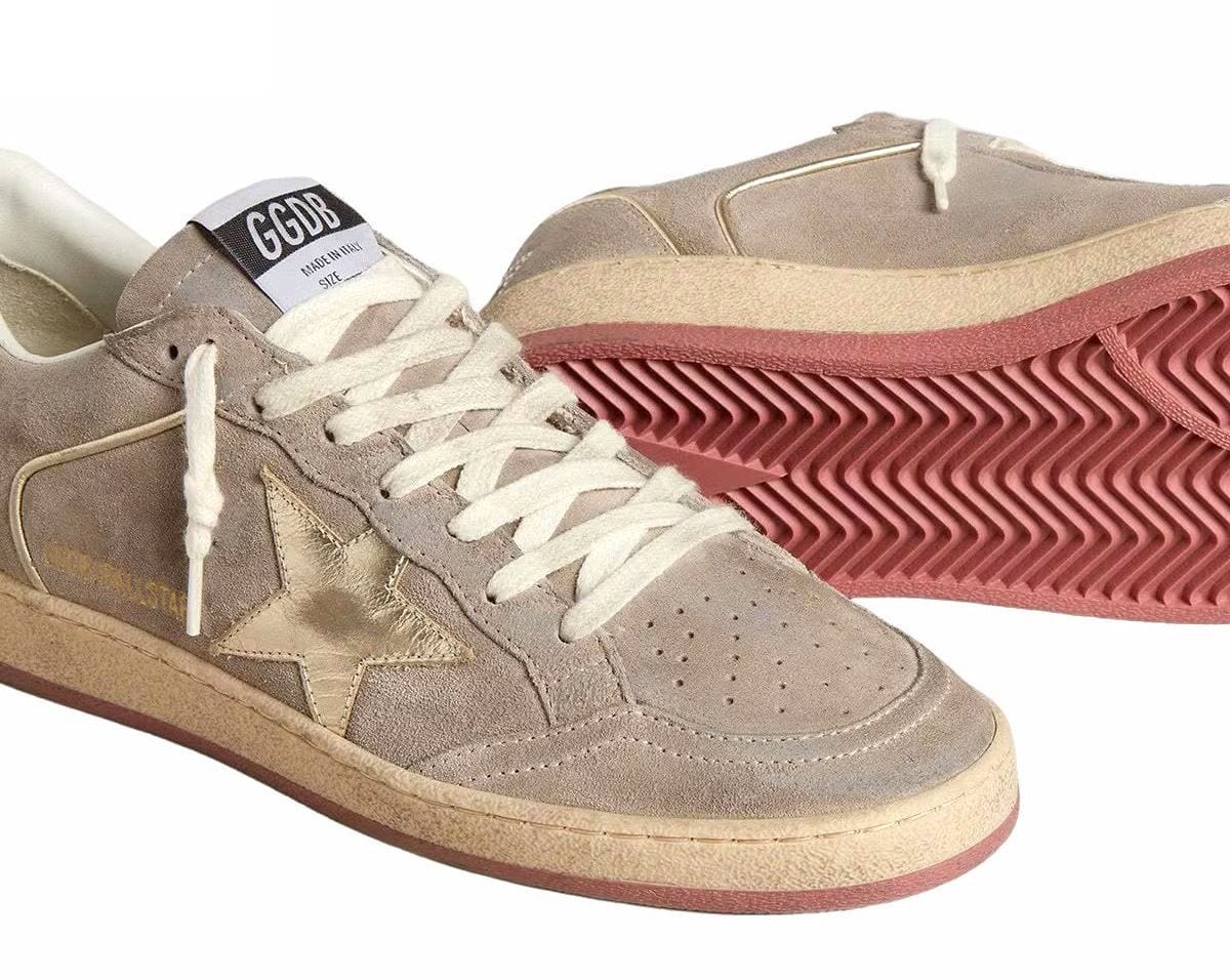 Golden Goose Ball Star Beige Suede with Gold metallic leather star and Bead lettering