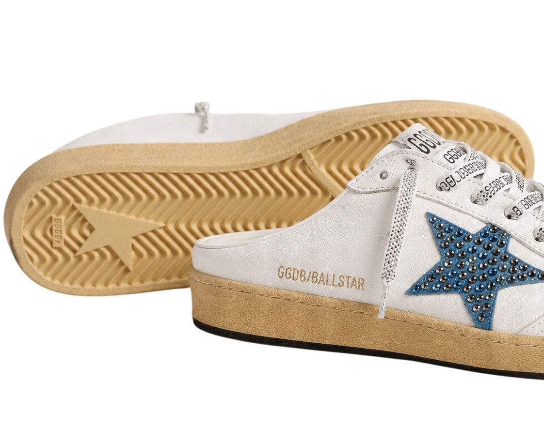 Golden Goose Ball Star Sabot in White Nappa with Blue Crystal Star