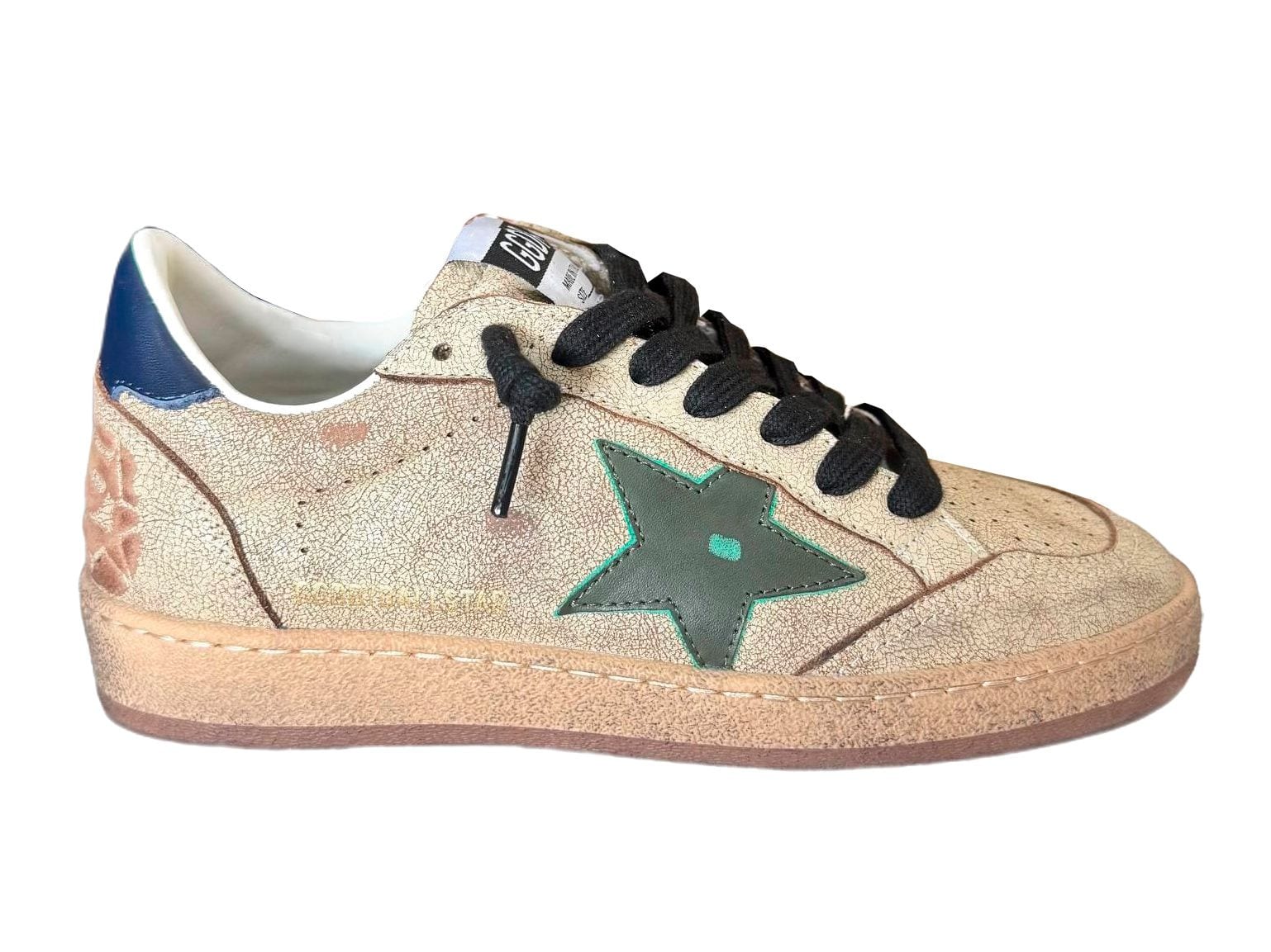 Golden Goose Ball Star in Aged Nappa with Green Leather Star and Blue Heel Tab